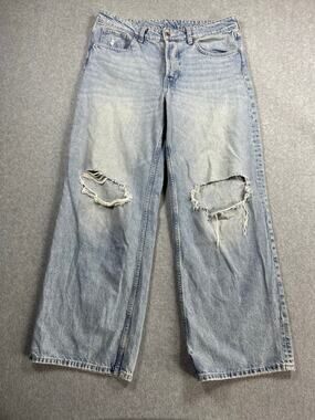 & Denim H&M Baggy Jeans Women's Size 10 Blue Distressed Mid-Rise Wide Loose Fit